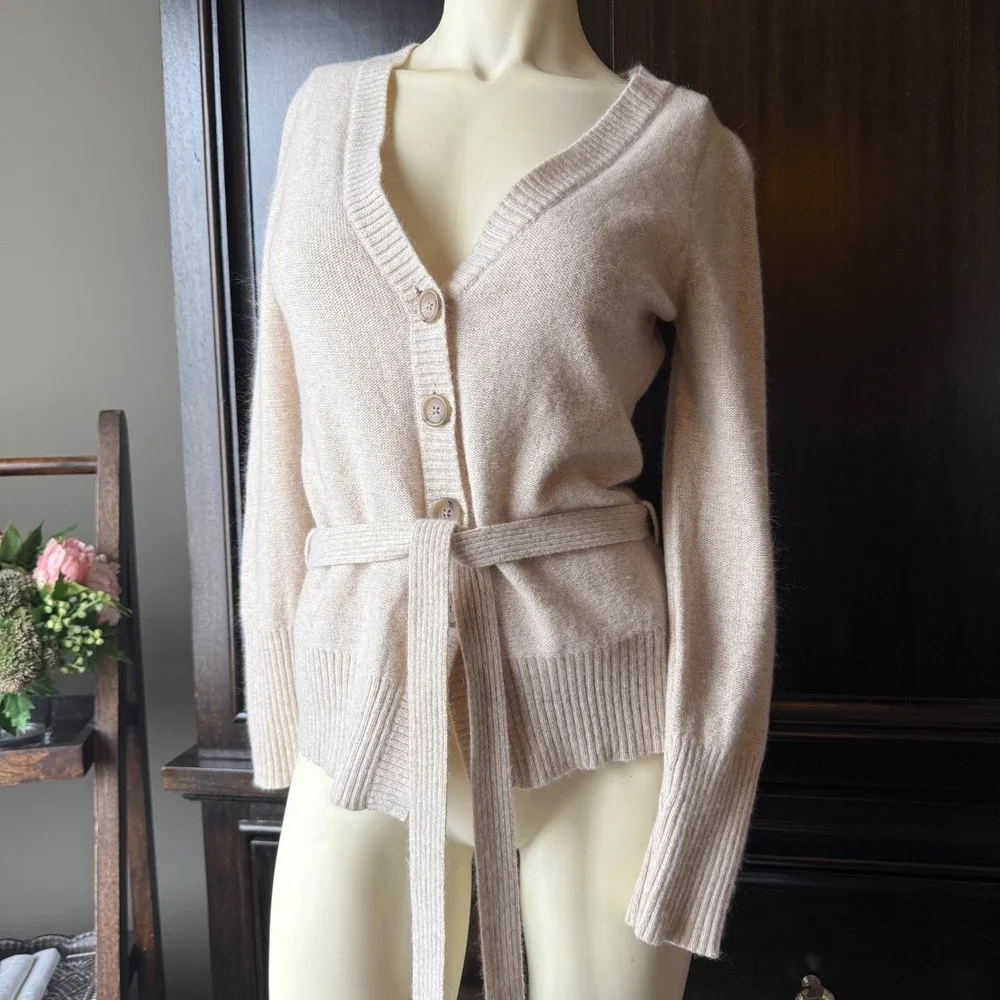 Banana Republic Angora Wool Cardigan Belted V Neck Soft Knit S Ivory Classic Fit - Picture 3 of 16